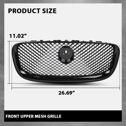 G-PLUS Front Center Upper Mesh Grille W/Emblem Compatible with Jaguar XF XFR 2012-2015 Gloss Black Grill