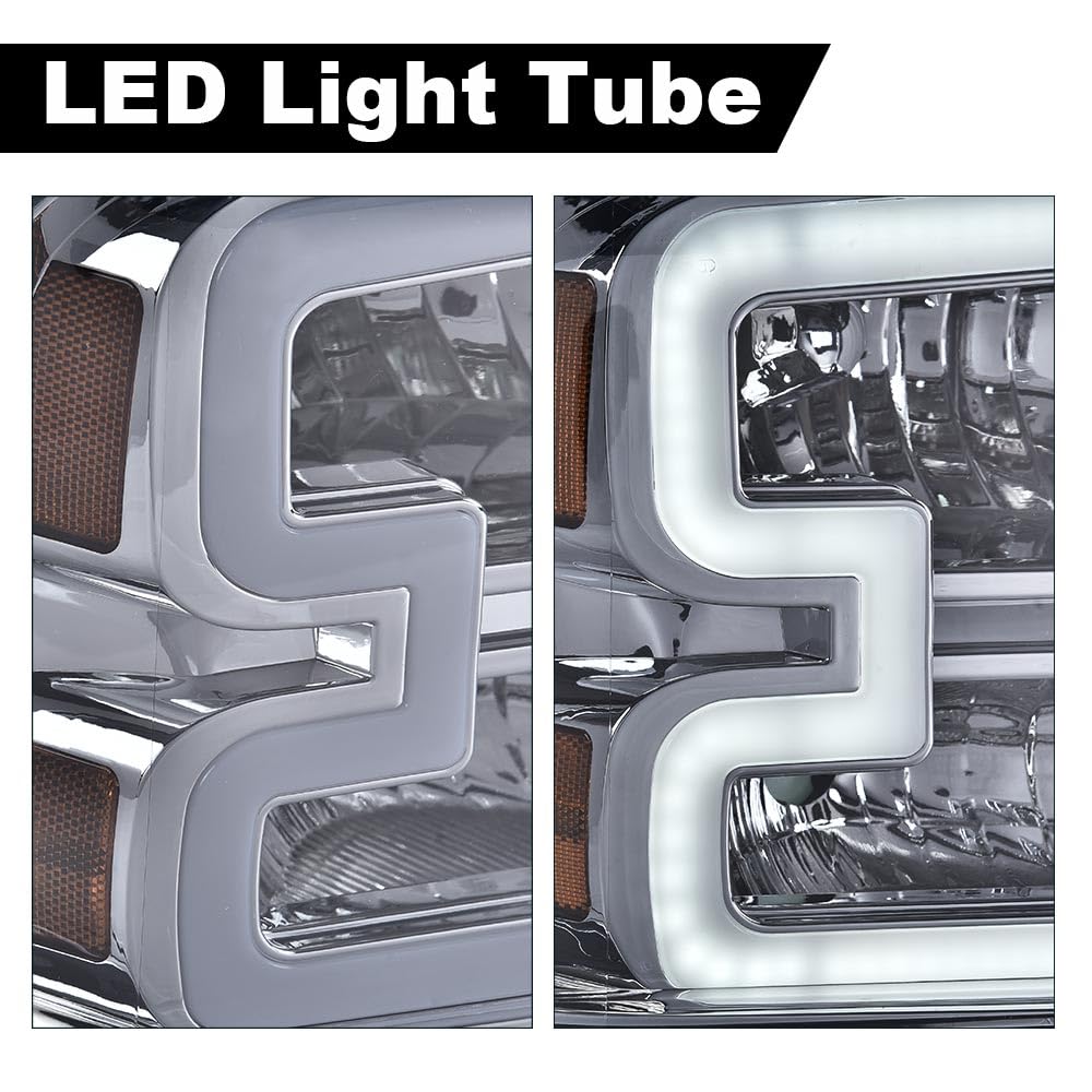 G-PLUS LED DRL Headlights, Compatible with Ford F250 F350 F450 F550 Super Duty 2005-2007 Bumper Headlamps, Smoky Lens Chrome Housing Amber Reflector 6C3Z13008DB FO2502217