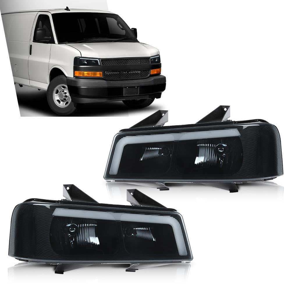 G-PLUS LED Headlights Assembly Front Headlamps Replacement Compatible with Chevy Express GMC Savana 1500 2003-2014, Fit Chevy Express GMC Savana 2500 3500 2003-2023 Smoke Lens Black Housing