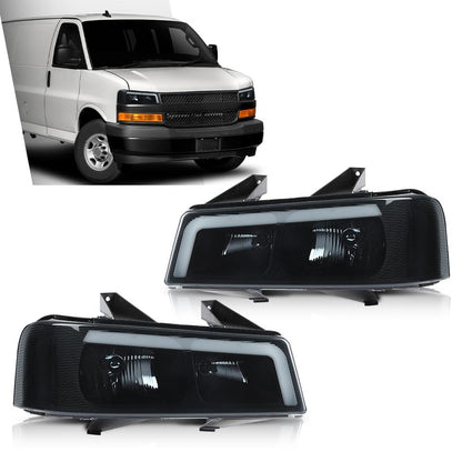 G-PLUS LED Headlights Assembly Front Headlamps Replacement Compatible with Chevy Express GMC Savana 1500 2003-2014, Fit Chevy Express GMC Savana 2500 3500 2003-2023 Smoke Lens Black Housing