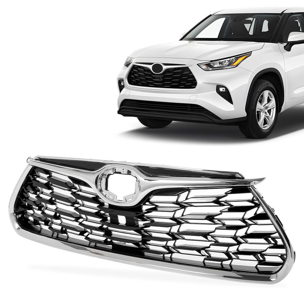 G-PLUS Front Bumper Upper Grille Chrome Trim Grill w/Hole Compatible with Toyota Highlander 2020-2022, Fit Models With Front View Camera, Not fit XSE models 31010E330, TO1200457