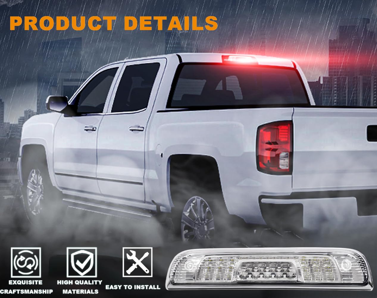 G-PLUS Rear LED Third Brake Light Compatible With 2014-2018 Chevy Silverado/GMC Sierra1500/2500HD/3500,3RD Cargo Led Tail Lamps Chrome Housing,Clear lens