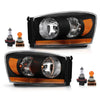 G-PLUS Headlights Assembly w/Bulbs Light Bar Left and Right Side Compatible with Dodge Ram 1500 2006-2008/Fit Dodge Ram 2500 3500 2006-2009 Clear Lens Black Housing Amber Reflector Faro