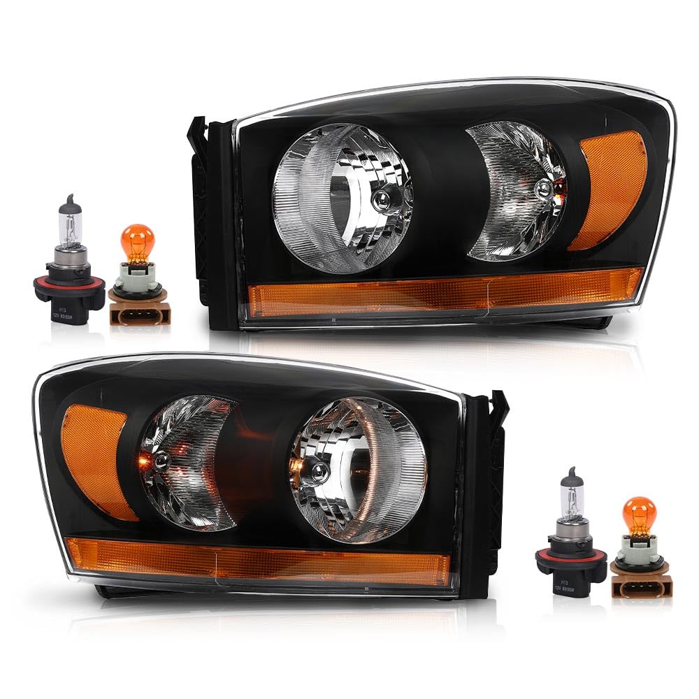 G-PLUS Headlights Assembly w/Bulbs Light Bar Left and Right Side Compatible with Dodge Ram 1500 2006-2008/Fit Dodge Ram 2500 3500 2006-2009 Clear Lens Black Housing Amber Reflector Faro