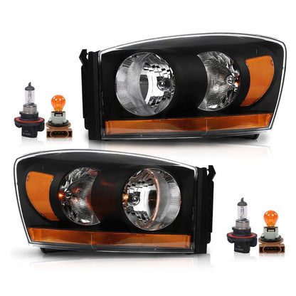 G-PLUS Headlights Assembly w/Bulbs Light Bar Left and Right Side Compatible with Dodge Ram 1500 2006-2008/Fit Dodge Ram 2500 3500 2006-2009 Clear Lens Black Housing Amber Reflector Faro