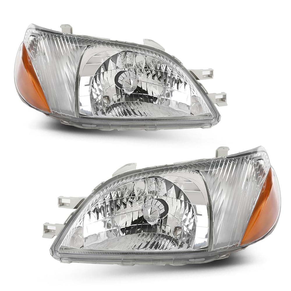 G-PLUS Headlights Assembly Front Headlamps Pair, Compatible with Toyota Echo 2000-2002, LH & RH 2PCS, Clear Lens Chrome Housing Amber Reflector, 8115052190, 8111052190,faros delanteros