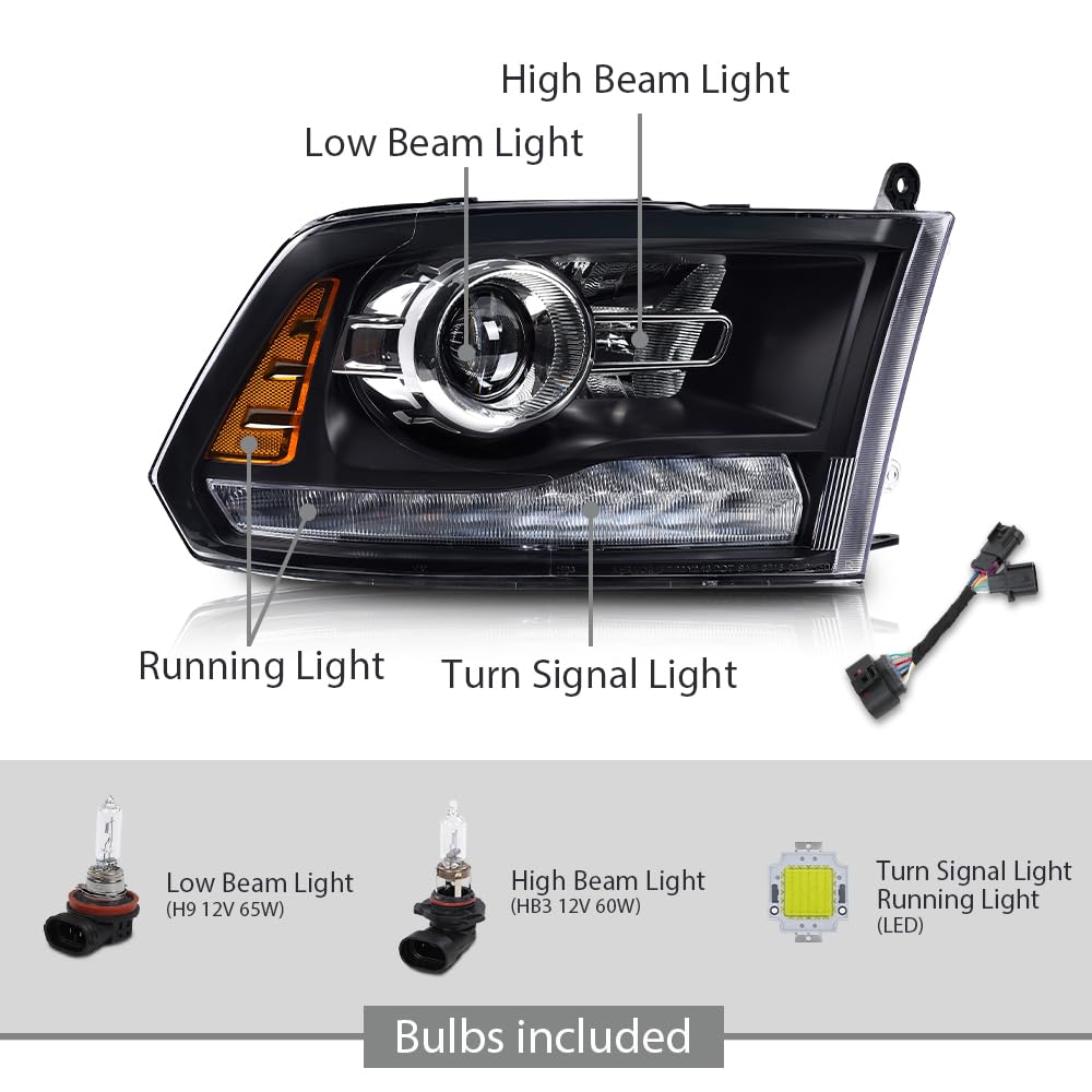 G-PLUS LED Projector Headlights Assembly Fit 2009-2012 Dodge Ram 1500 2500 3500,Front Headlamps Left& Right,Headlight Clear Lens Black Housing Amber Reflector,faros delanteros