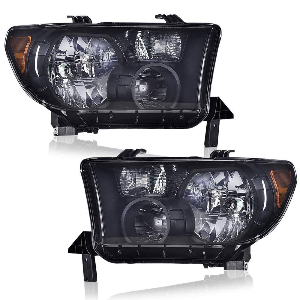 G-PLUS Headlights Compatible with Toyota Tundra 2007-2013/Compatible with Toyota Sequoia 2008-2017 Headlamps Pair Halogen Smoky Lens Black Housing Amber Reflector,faros delanteros