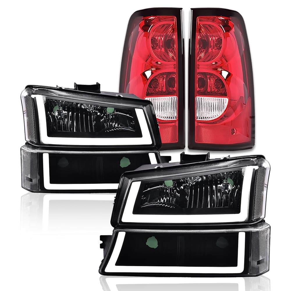 G-PLUS LED Headlights Assembly & Tail Lights Fit Chevy Silverado 1500 1500 HD 2500 2500 HD 2003-2006, Clear Lens Black Housing Clear Reflector Headlamps Assembly Red Taillights