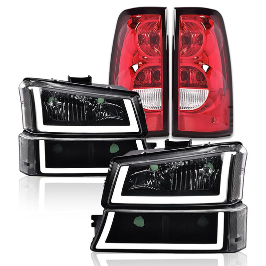 G-PLUS LED Headlights Assembly & Tail Lights Fit Chevy Silverado 1500 1500 HD 2500 2500 HD 2003-2006, Clear Lens Black Housing Clear Reflector Headlamps Assembly Red Taillights