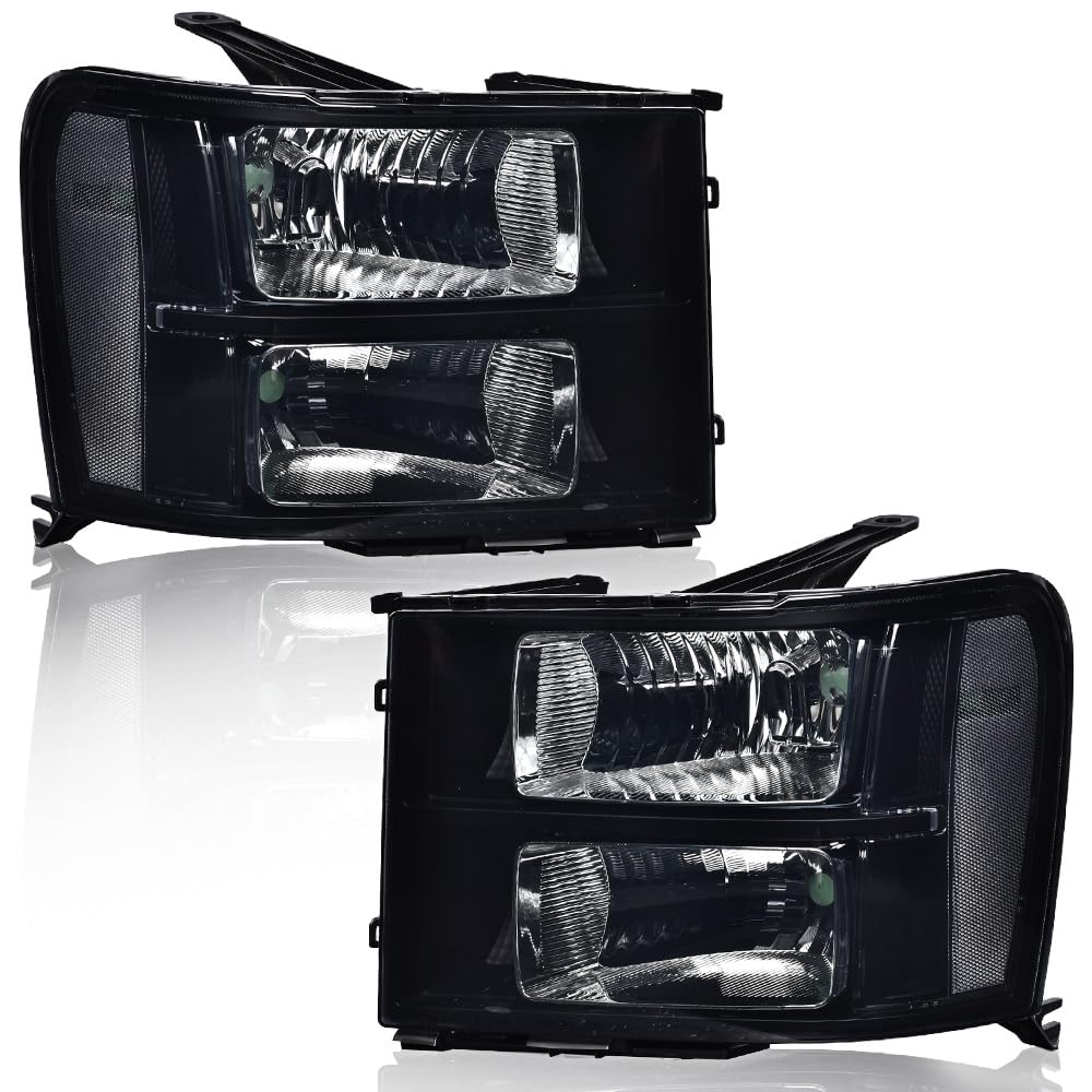 G-PLUS Headlights Assembly Compatible with GMC Sierra 1500 2007-2013 /Fit GMC Sierra 2500HD 3500HD 2007-2014 Headlamps Left and Right Smoky Lens Black Housing Clear Reflector,faros delanteros