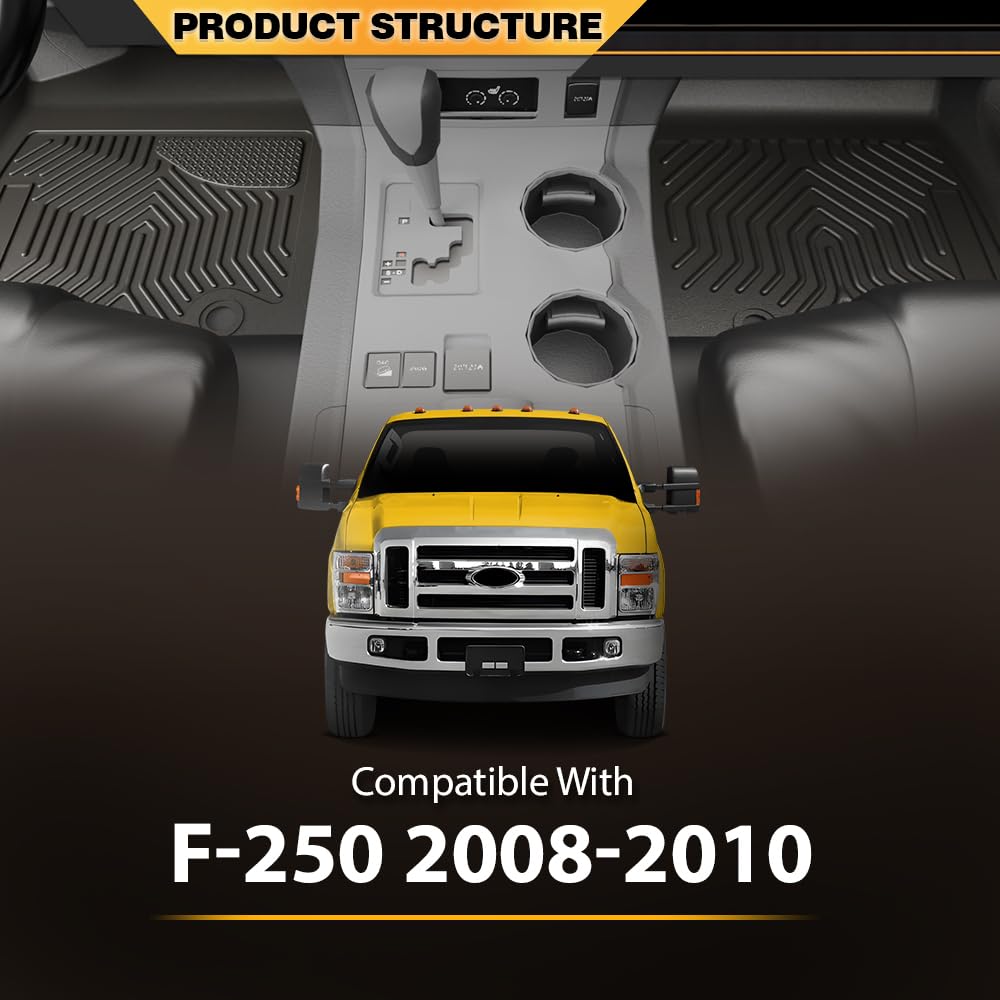 Floor Mats Fit Ford F250 F350 F450 Crew Cab 2008-2010 Without Manual Shifter (Footwell Coverage) All Weather Full Cover Protection TPE Car Floor Cargo Liners, Black,alfombras para carro