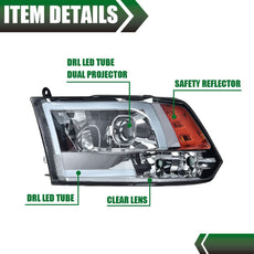 G-PLUS LED DRL Headlights for Dodge Ram 1500 2500 3500 2009-2012 Smoky Lens Chrome Housing Additional Angle