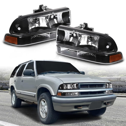 G-PLUS Headlights Assembly Fit Chevy S10 Pickup/Blazer 1998 1999 2000 2001 2002 2003 2004 Bumper Headlamps Clear Lens Black Housing Amber Reflector 16526217 16526218 15098267 15098268,faros delanteros