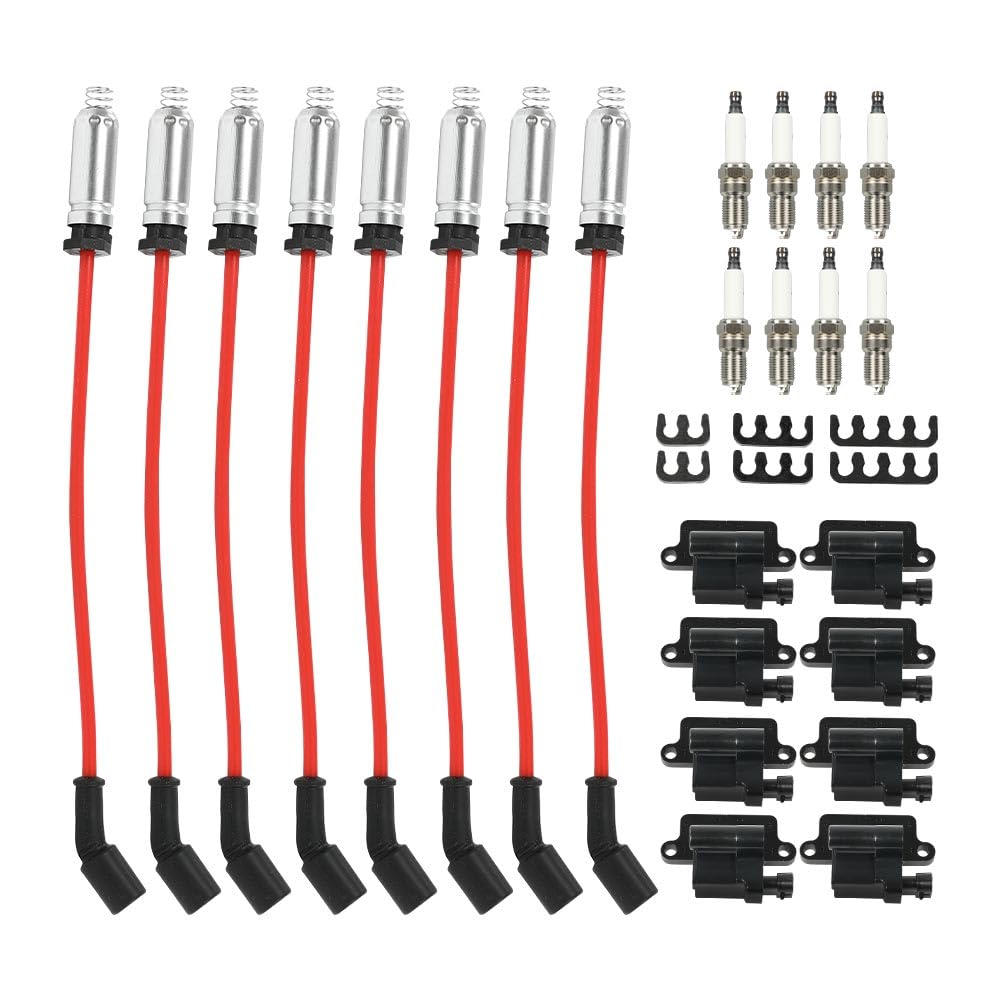 G-PLUS 8 Pack Square Ignition Coil & Spark Plug Wire Compatible with Chevy Express Silverado GMC Yukon Savana Sierra Hummer H2 Workhorse Fastrack 1999-2007 41-962 M8-48322R UF-271