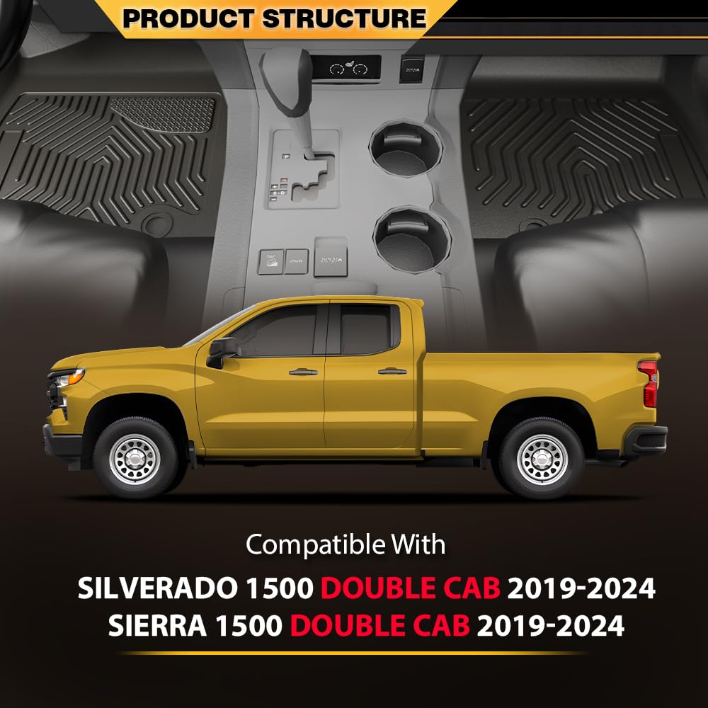 Floor Mats Fit Chevy Silverado 1500 Double Cab 2019-2024 All Weather Protection TPE Floor Liner Waterproof Cargo Liner 1st & 2nd Row 2PCS Black, alfombras para carro