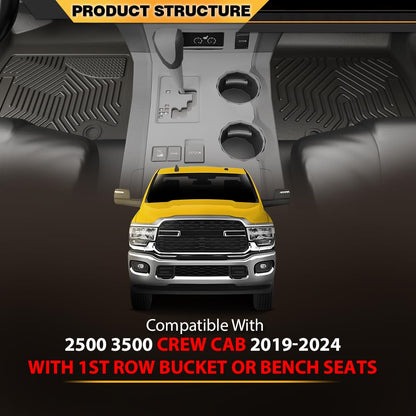 Floor Mats Cargo Liners 3PCS, Compatible with Dodge Ram 2500 3500 Crew Cab 2019-2024 with 1st Row Bucket or Bench Seats 1st & 2nd Row, All Weather Full Cover Protection TPE Car Floor Liners