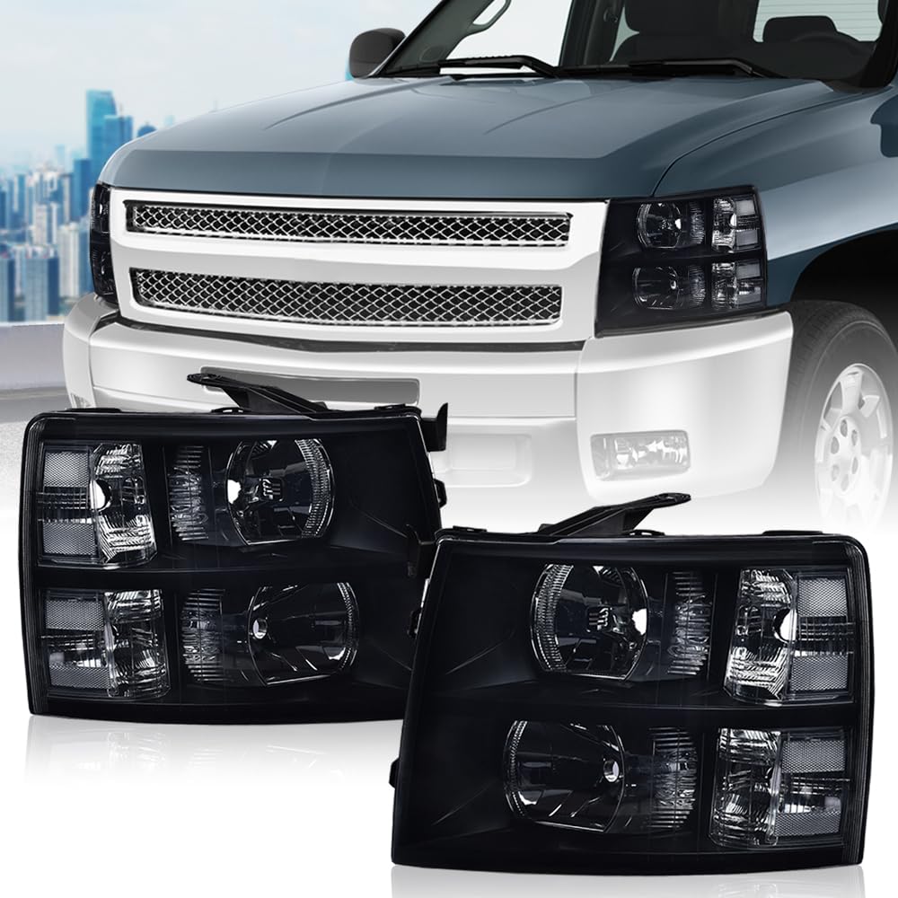 G-PLUS Headlights Assembly, Compatible with Chevy Silverado 2007-2013/Fit Chevy Silverado 2500 HD 3500 2007-2014 Bumper Headlamp, Smoky Lens Black Housing Clear Reflector