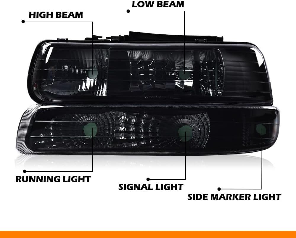 G-PLUS Headlights Assembly Fit 1999-2002 Chevy Silverado/ 2000-2006 Suburban Tahoe GM2521173 Smoky Lens Black Housing Clear Reflector