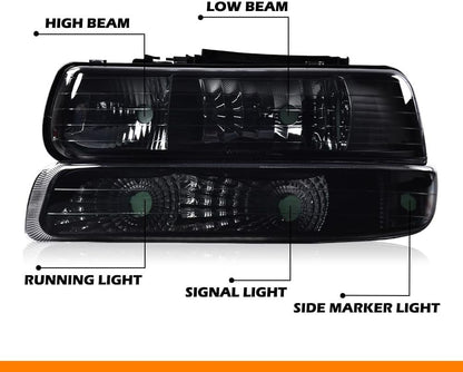 G-PLUS Headlights Assembly Fit 1999-2002 Chevy Silverado/ 2000-2006 Suburban Tahoe GM2521173 Smoky Lens Black Housing Clear Reflector