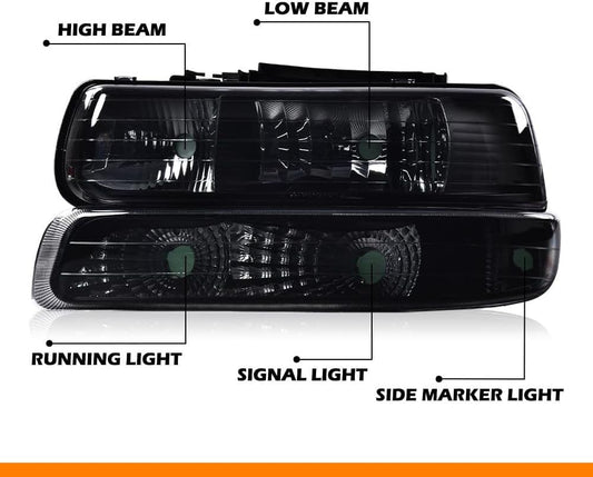 G-PLUS Headlights Assembly Fit 1999-2002 Chevy Silverado/ 2000-2006 Suburban Tahoe GM2521173 Smoky Lens Black Housing Clear Reflector