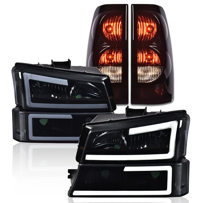 G-PLUS LED DRL Headlights Assembly + Tail Lights Fit Chevy Silverado 1500 1500 HD 2500 2500 HD 2003-2006, Smoky Lens Black Housing Clear Reflector Headlamps Assembly Dark Red Taillights