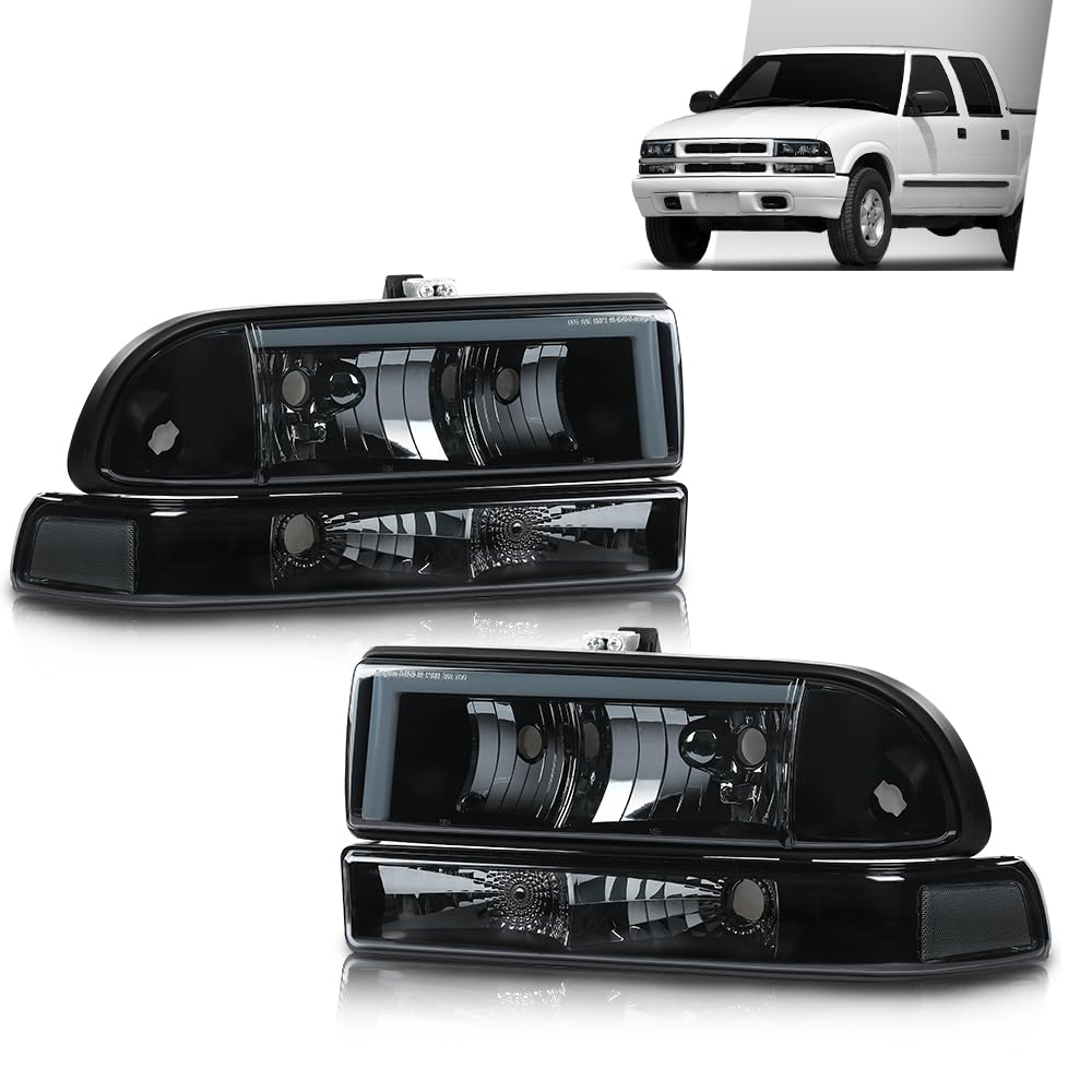 G-PLUS LED Headlights Assembly Front Headlamps Left Right Fit Chevy Blazer 1998-2005, Fit Chevy S10 Pickup 1998-2004 with Bumper Lights Smoke Lens Black Housing Clear Reflector,faros delanteros