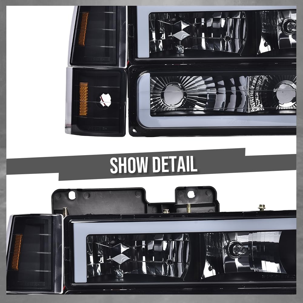 G-PLUS LED Headlights Fit GMC C1500 K1500 Yukon 1994-1999/Fit GMC C1500 C2500 K1500 K2500 Suburban 1994-1999,Bumper Headlamps Smoke Lens Black Housing Amber Reflector Left & Right,faros Assembly