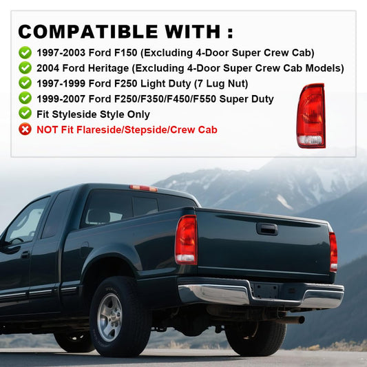 G-PLUS Red Tail Light w/o Bulbs & Wire Harness Fit Ford F150 Stepside 1997-2004/Fit Ford F250 1997-1999/Fit F250 F350 F450 F550 Super Duty 1999-2007 F85Z13405CA, FO2800117 Driver SideAssembly
