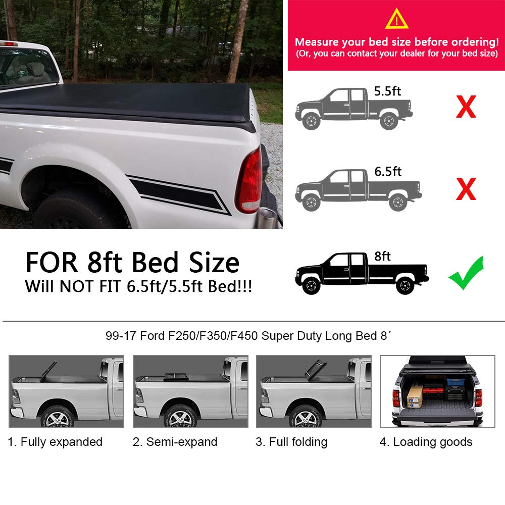 G-PLUS Four-fold 8FT Bed Vinyl Soft Truck Bed Tonneau Cover Black Compatible with 1999-2017 Ford F250/F350 Super Duty