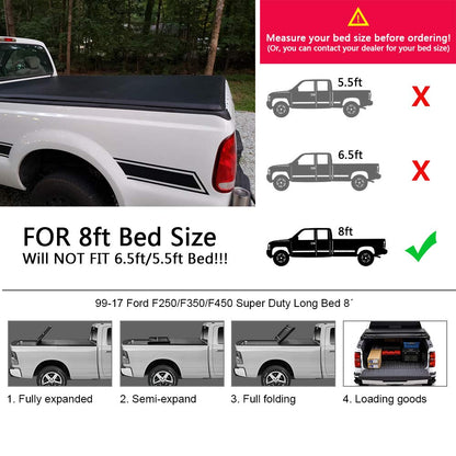 G-PLUS Four-fold 8FT Bed Vinyl Soft Truck Bed Tonneau Cover Black Compatible with 1999-2017 Ford F250/F350 Super Duty