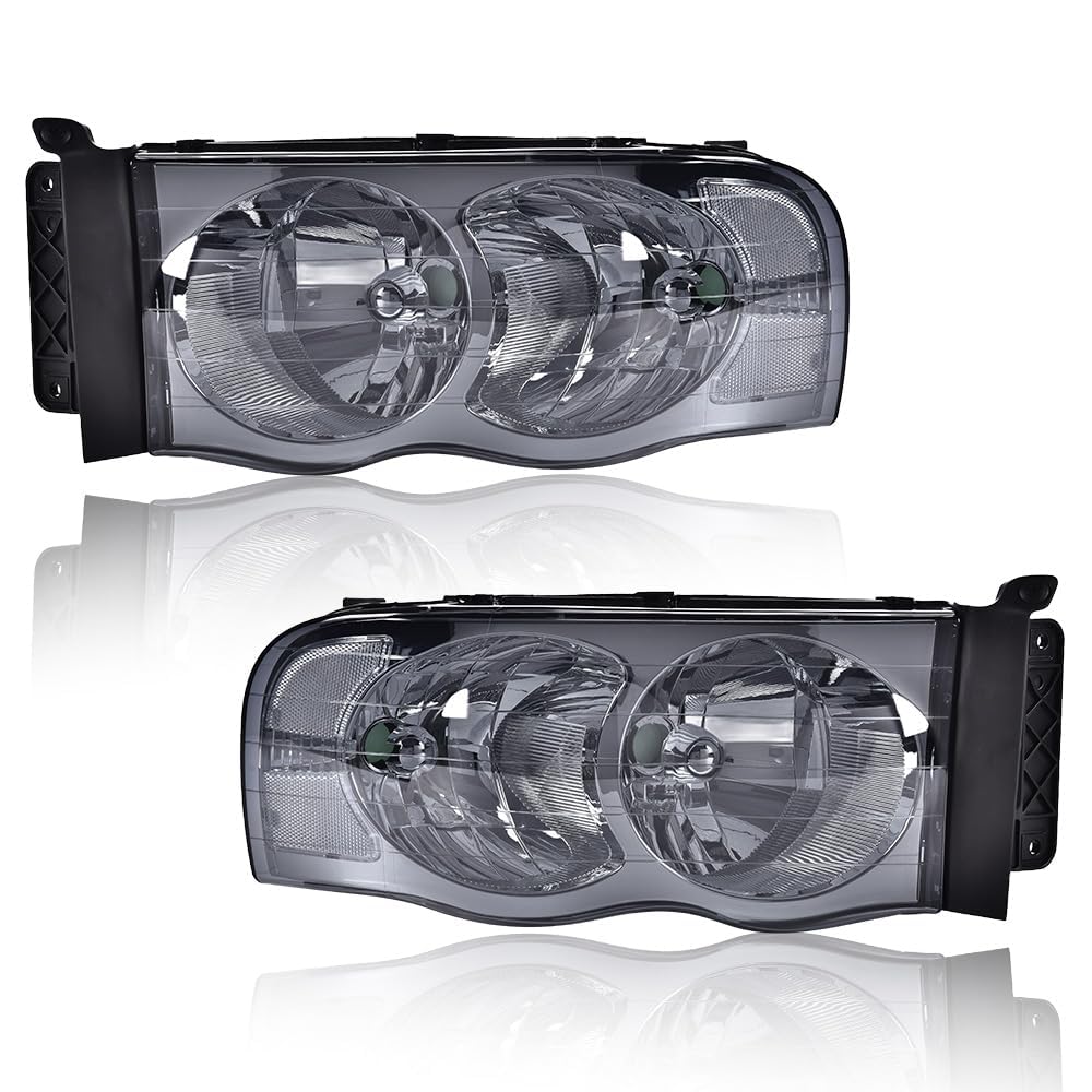 G-PLUS Headlights Assembly Fit 2002-2005 Dodge Ram 1500 2500 3500 Bumper Headlamp Smoky lens Chrome Housing Clear Reflector
