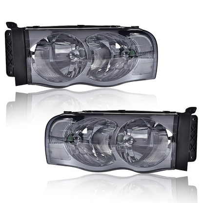 G-PLUS Headlights Assembly Fit 2002-2005 Dodge Ram 1500 2500 3500 Bumper Headlamp Smoky lens Chrome Housing Clear Reflector