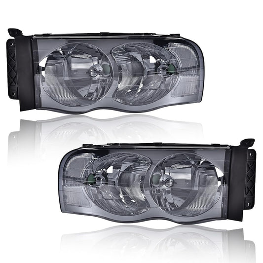 G-PLUS Headlights Assembly Fit 2002-2005 Dodge Ram 1500 2500 3500 Bumper Headlamp Smoky lens Chrome Housing Clear Reflector