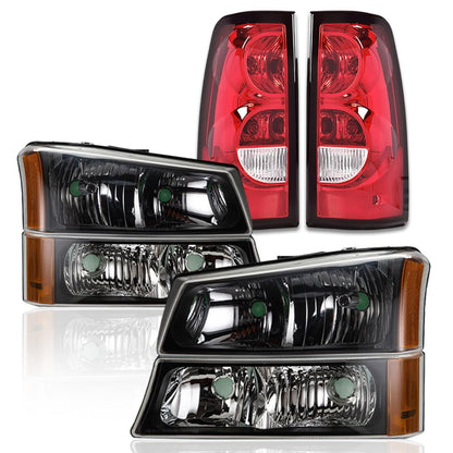 G-PLUS Headlights Assembly & Tail Lights Fit Chevy Silverado 1500 1500 HD 2500 2500 HD 2003-2006, Clear Lens Black Housing Amber Reflector Headlamps Assembly Red Taillights