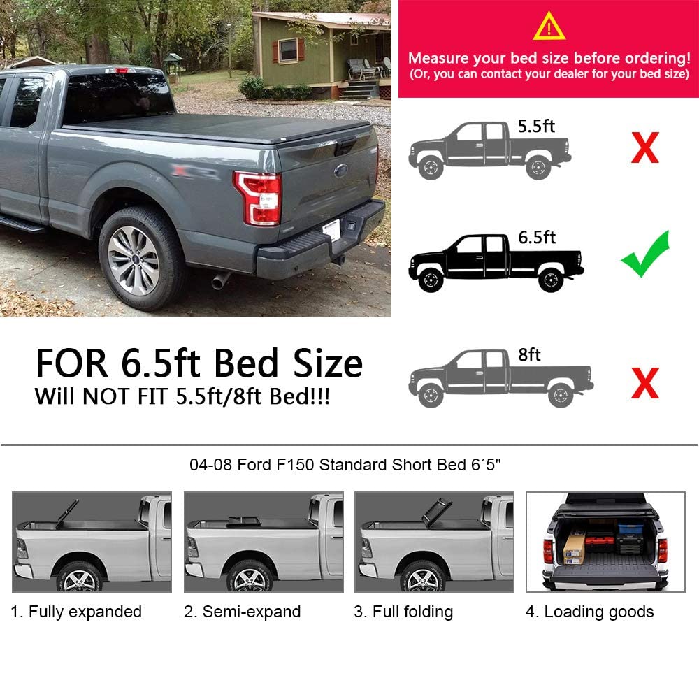 G-PLUS T4 Four Fold Soft Truck Bed Tonneau Cover Compatible with 2004-2008 Ford F150 (Excl. 2004 Heritage), Compatible with 2005-2008 Lincoln Mark LT | Styleside 6.5' Short Bed