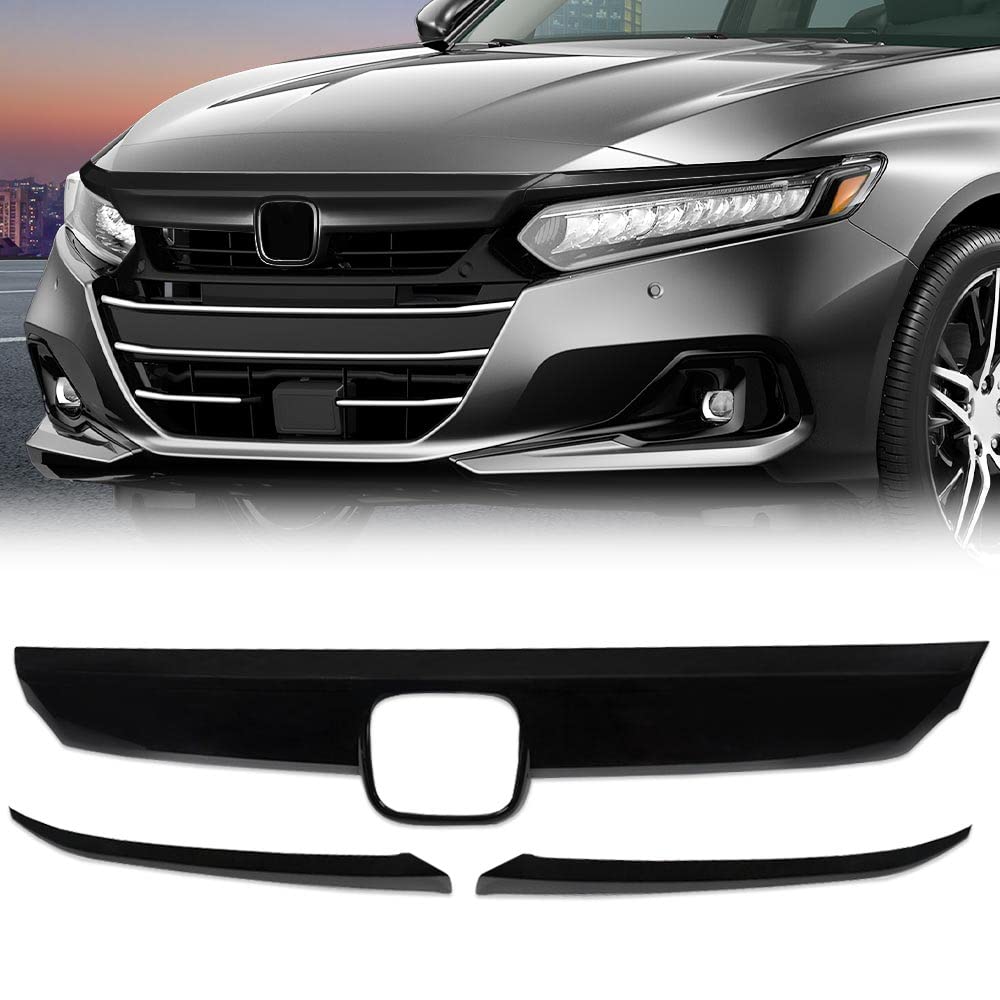 G-PLUS Front Lip Bumper Upper Grille Molding Trim + Eyelid Cover Compatible With Honda Accord 10th Gen Sedan 2018-2019 (Only Works With Regular Grill, Not For Optional Sport Style)
