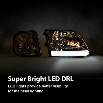 G-PLUS LED DRL Headlights Compatible with Ford Expedition 1997-2002/Fit Ford F150 1998-2003/Fit F250 1997-1999 Bumper Headlamp w/Corner Lamps Clear Lens Chrome Housing Amber Reflector Left & Right