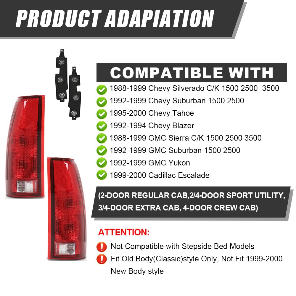 G-PLUS Tail Lights w/Bulb Left and Right Compatible with Chevy/GMC C/K 1500 2500 3500 & Silverado 1988-1999/Fit Blazer 1992-1994, Red Lens Luces Traseras Rear Brake Lamps Assembly Faros Traseros