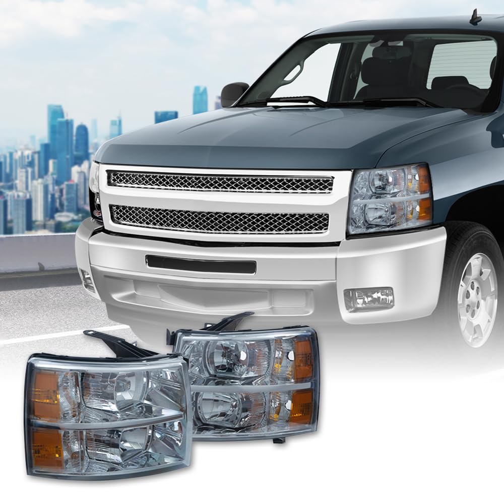 G-PLUS Headlights Fit Chevy Silverado 1500 2007-2013/Fit Chevy Silverado 2500 3500 & HD 2007-2014,NOT Fit 2007 Old Body Classic Headlamps Smoky Lens Chrome Housing Amber Reflector,faros delanteros