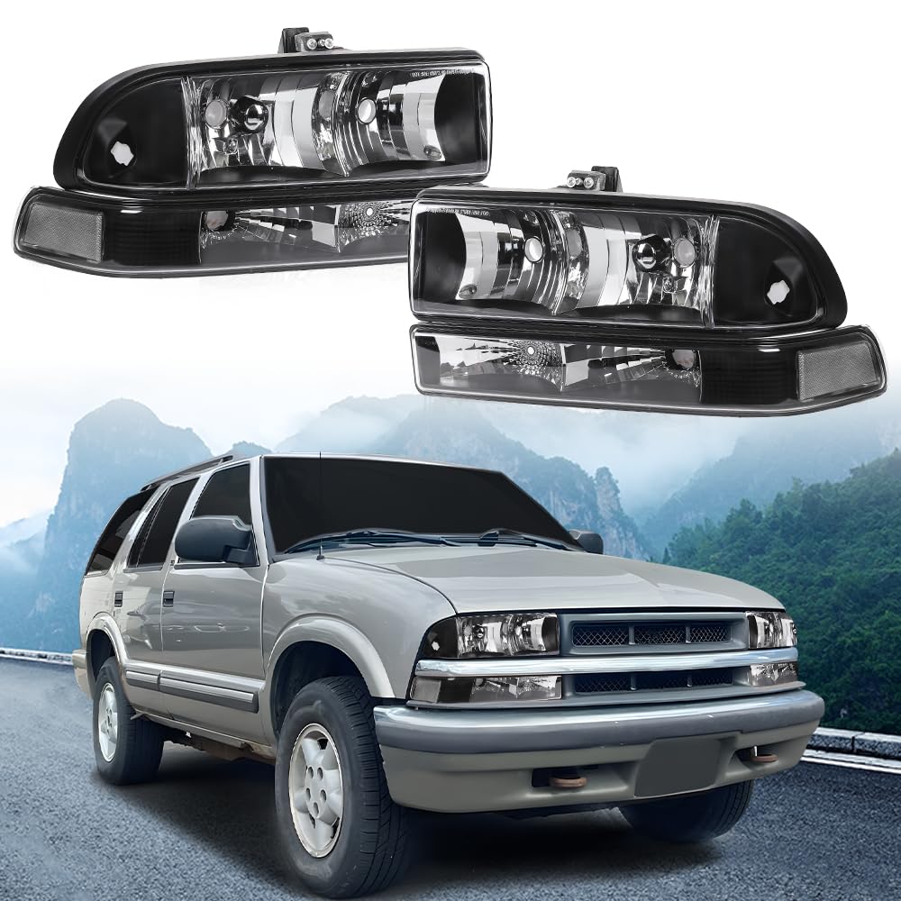 G-PLUS Headlights Assembly Fit Chevy S10 Pickup/Blazer 1998 1999 2000 2001 2002 2003 2004 Bumper Headlamps Clear Lens Black Housing Clear Reflector 16526217 16526218 15098267 15098268,faros delanteros