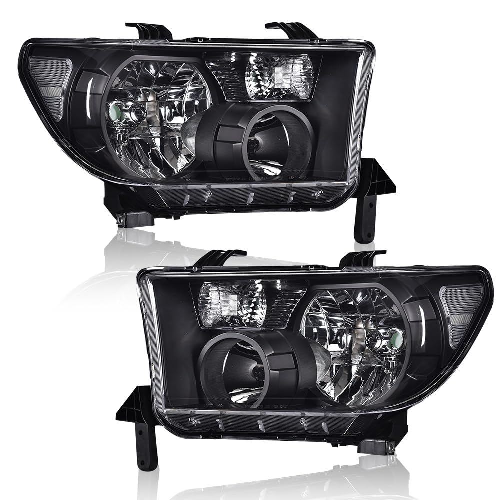 G-PLUS Headlights Assembly, Compatible with 2007-2013 Toyota Tundra /2008-2017 Sequoia Bumper Headlamps, Clear Lens Black Housing Clear Reflector,faros delanteros