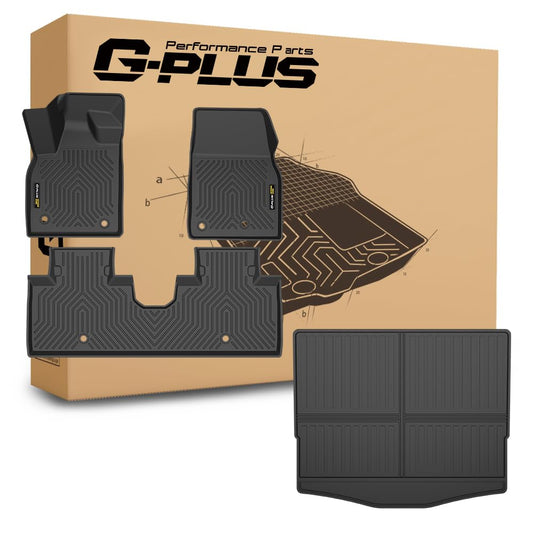 G-PLUS Floor Mats & Cargo Liner Compatible with Ford Mustang Mach E 2021 2022 2023 2024 2025 (Trunk Base Upper Only) All Weather Full Cover Protection TPE Car Floor Liner 1st & 2nd & 3rd Row 4PCS