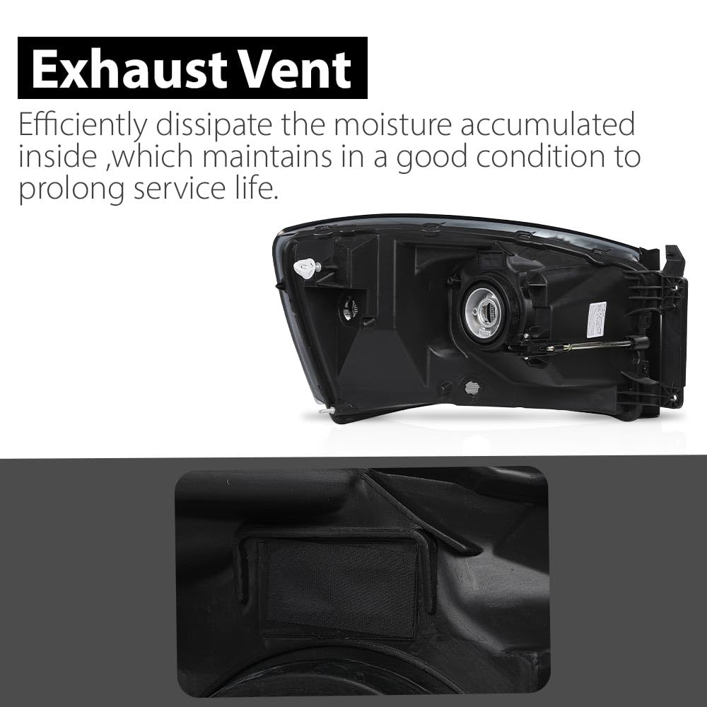 G-PLUS Headlights Assembly w/Bulbs Light Bar Left and Right Side Compatible with Dodge Ram 1500 2006-2008/Fit Dodge Ram 2500 3500 2006-2009 Smoke Lens Black Housing Clear Reflector