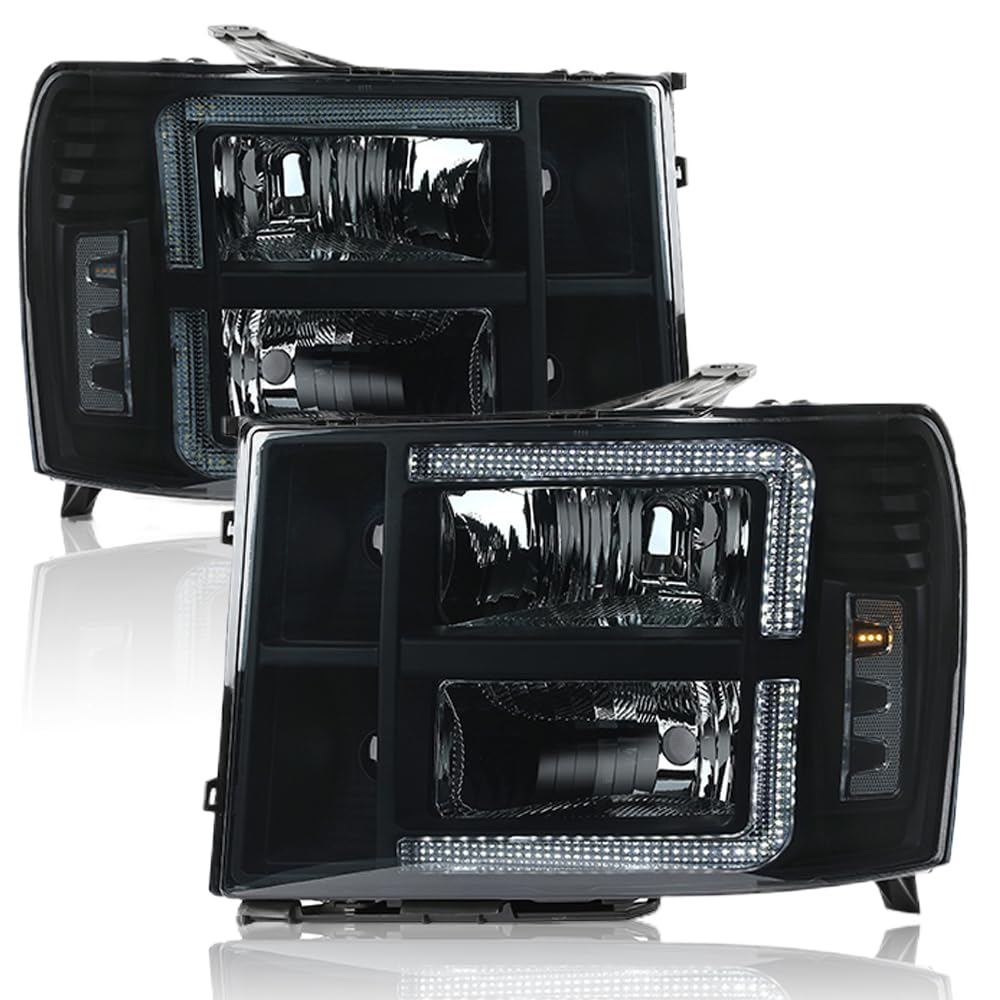 G-PLUS LED Headlights Assembly Front Headlamps Left+Right Fit GMC Sierra 1500 2007-2013, Fit GMC Sierra 2500HD 3500HD 2007-2014 Smoke Lens Black Housing Clear Reflector 22853029,faros delanteros