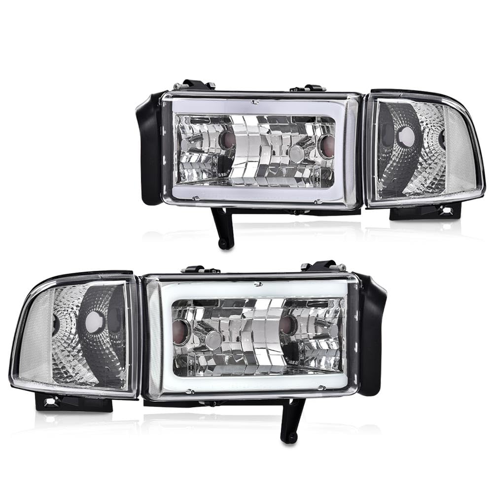 G-PLUS LED Light Strip Headlights w/o Bulbs Fit Dodge Ram 1500 1994-2001/Dodge Ram 2500 3500 1994-2002 w/o Bulbs Clear Lens Chrome Housing Clear Reflector Bumper Headlamps,faros delanteros Assembly