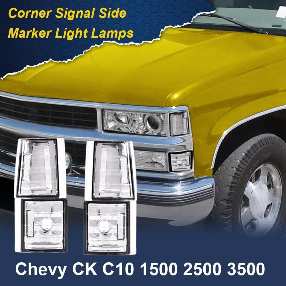 G-PLUS Corner Light Fit Chevy CK/C10 1500 2500 3500 2WD 1994-2000,（ONLY For Composite Headlights） Signal Side Marker Lamps Bumper Headlamps (Clear Lens Chrome Housing Clear Reflector),faros Assembly