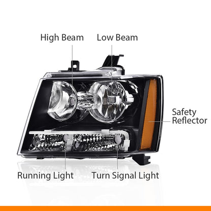G-PLUS Headlights Assembly Compatible with Chevy Tahoe Subarban Avalanche 2007-2014 Pair Bumper Corner Headlamps Left & Right Clear Lens Black Housing Amber Reflector,faros delanteros