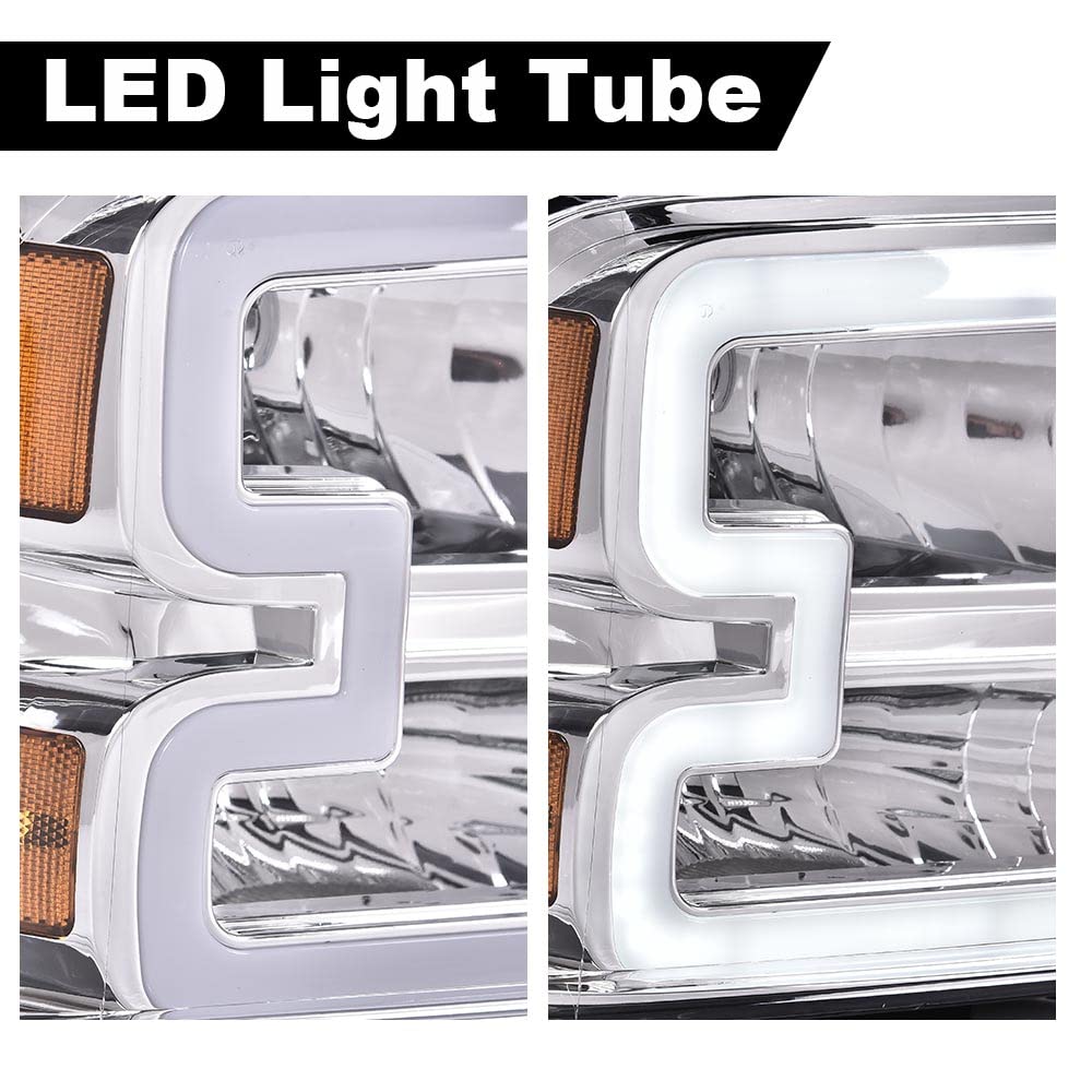 G-PLUS LED Headlights Compatible with Ford F250 F350 F450 F550 Super Duty 2005-2007 DRL BAR Headlamps Clear Lens Chrome Housing Amber Reflector,faros delanteros