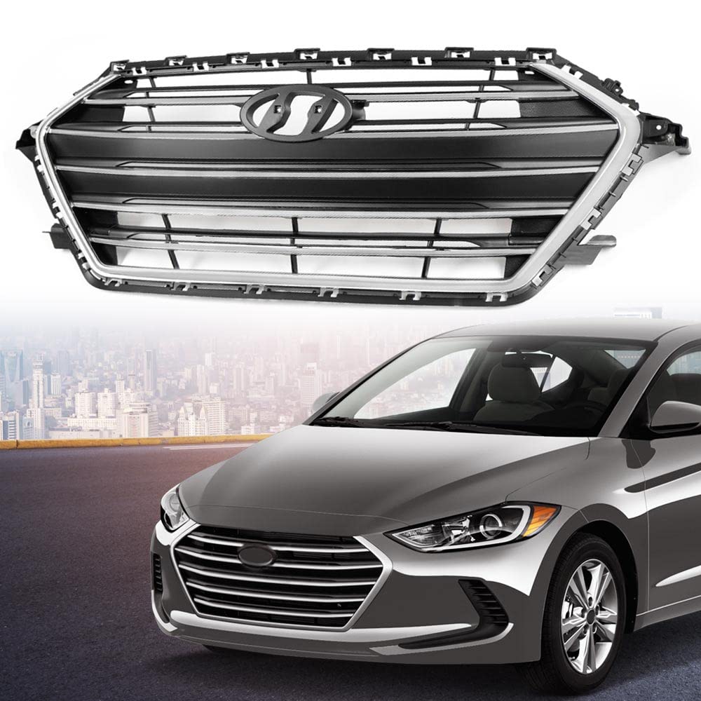 G-PLUS Front Upper Bumper Grille Compatible With Hyundai Elantra 2017 2018 Chrome & Black Grill Trim